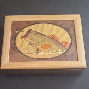 MarqART Bass and Dragonfly Jewelry Box Wooden Fishing Box Signed